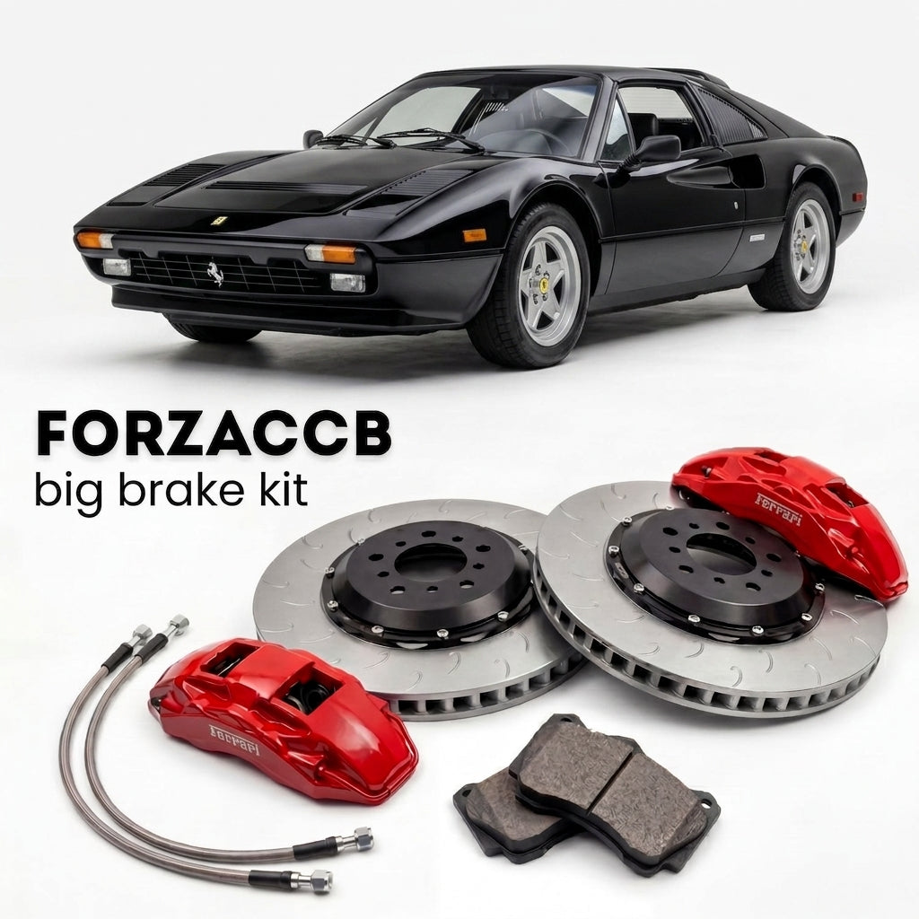 Black Ferrari 308 GTBi & GTSi (1980-1981) shown above a ForzaCCB iron rotor big brake kit with 2x red 6-piston front calipers, 2x two-piece floating ventilated brake discs 380 mm, set of brake pads, and brake lines.