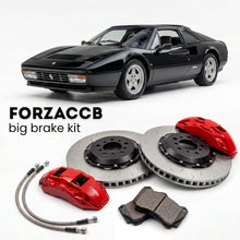 Black Ferrari 328 GTB & GTS (1985-1989) shown above a ForzaCCB iron rotor big brake kit with 2x red 6-piston front calipers, 2x two-piece floating ventilated brake discs 380 mm, set of brake pads, and brake lines.