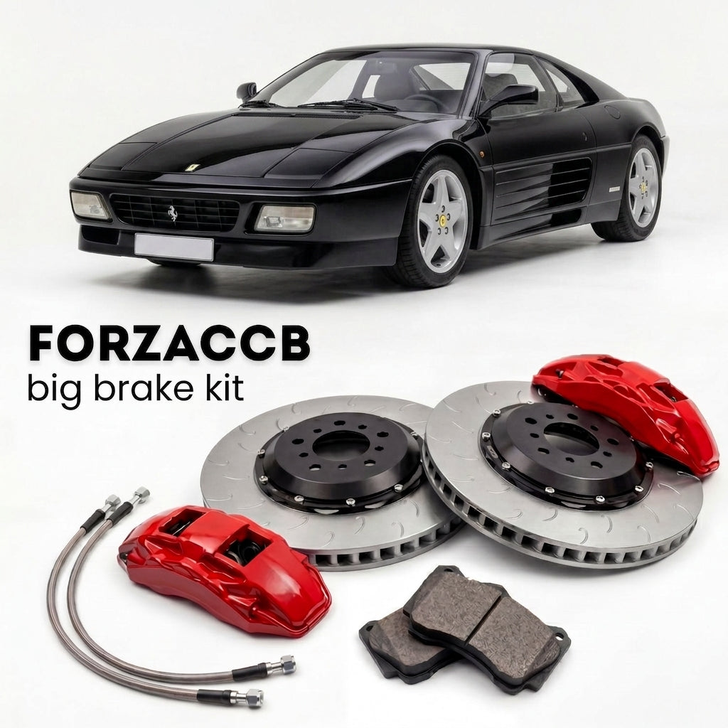 Black Ferrari 348 GTB & GTS (1993-1995) shown above a ForzaCCB iron rotor big brake kit with 2x red 6-piston front calipers, 2x two-piece floating ventilated brake discs 380 mm, set of brake pads, and brake lines.
