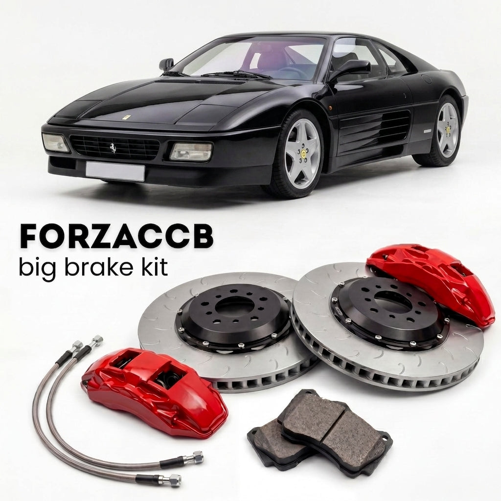 Black Ferrari 348 TB & TS (1989-1993) shown above a ForzaCCB iron rotor big brake kit with 2x red 6-piston front calipers, 2x two-piece floating ventilated brake discs 380 mm, set of brake pads, and brake lines.
