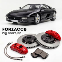 Black Ferrari 355 F1 (1997-1999) shown above a ForzaCCB iron rotor big brake kit with 2x red 6-piston front calipers, 2x two-piece floating ventilated brake discs 380 mm, set of brake pads, and brake lines.