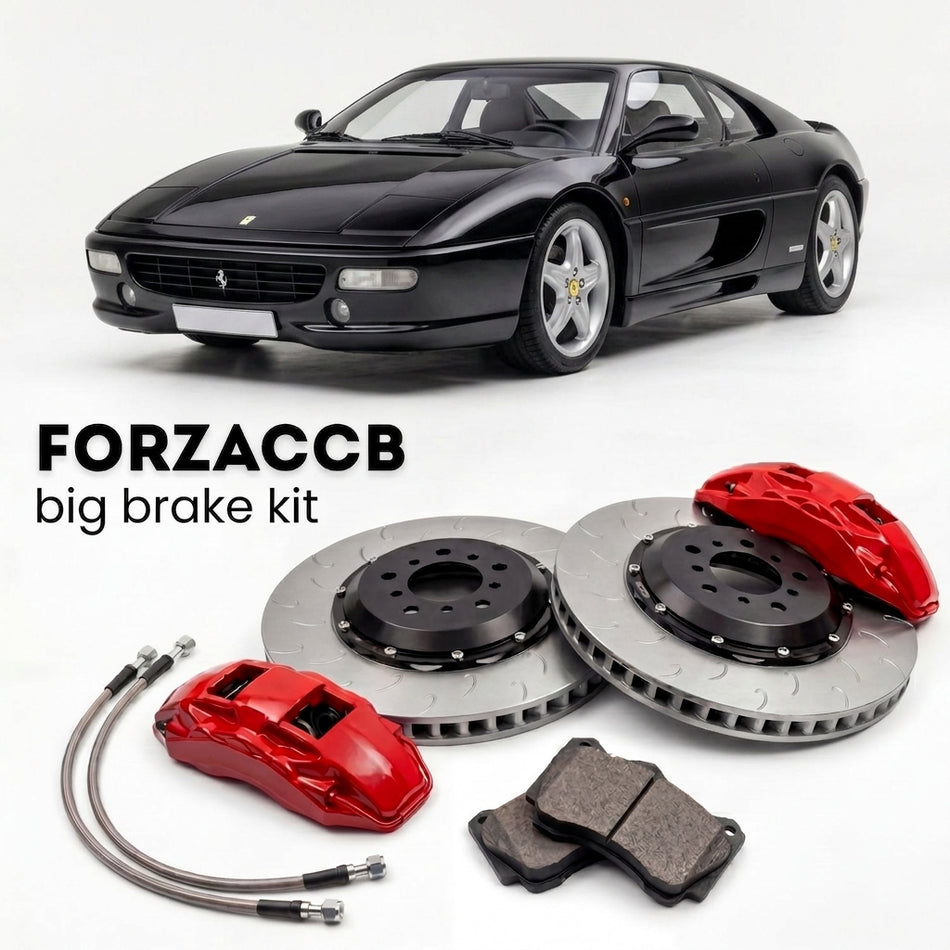 Black Ferrari 355 F1 (1997-1999) shown above a ForzaCCB iron rotor big brake kit with 2x red 6-piston front calipers, 2x two-piece floating ventilated brake discs 380 mm, set of brake pads, and brake lines.