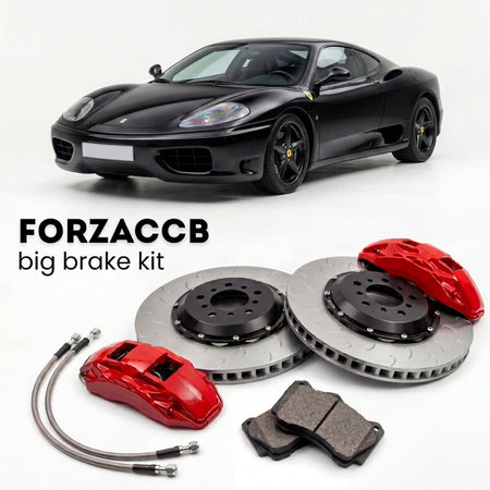 Black Ferrari 360 Modena (1999-2004) shown above a ForzaCCB iron rotor big brake kit with 2x red 6-piston front calipers, 2x two-piece floating ventilated brake discs 380 mm, set of brake pads, and brake lines.