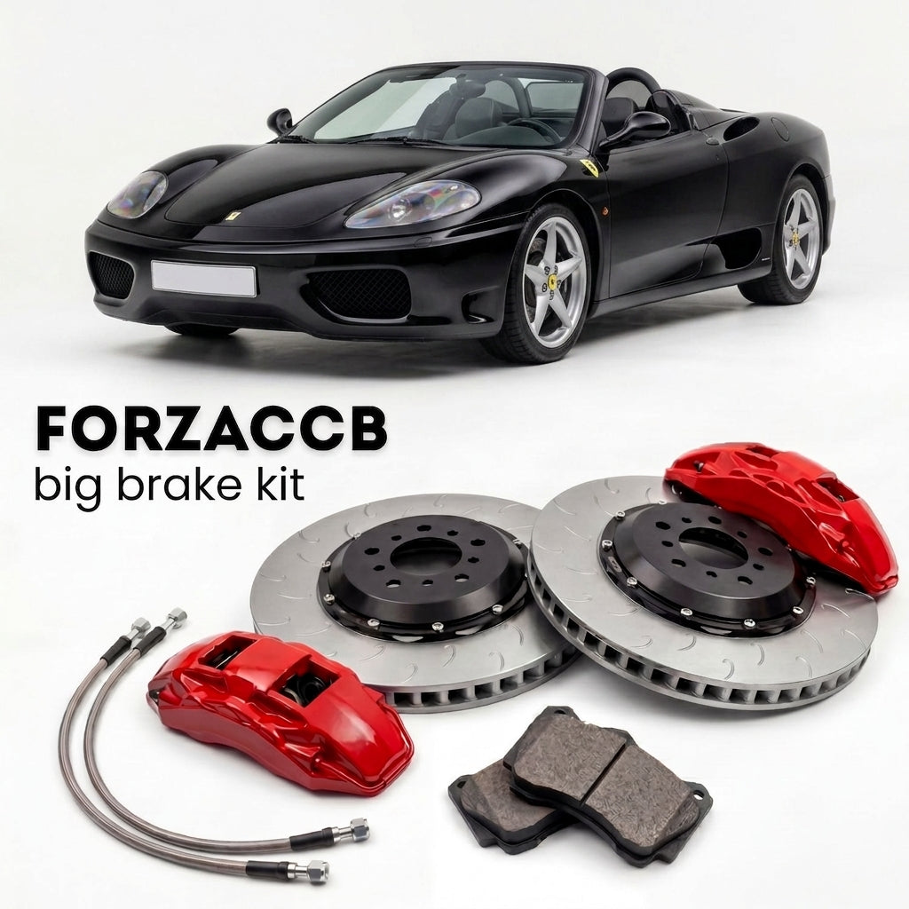 Black Ferrari 360 Spider (1999-2004) shown above a ForzaCCB iron rotor big brake kit with 2x red 6-piston front calipers, 2x two-piece floating ventilated brake discs 380 mm, set of brake pads, and brake lines.