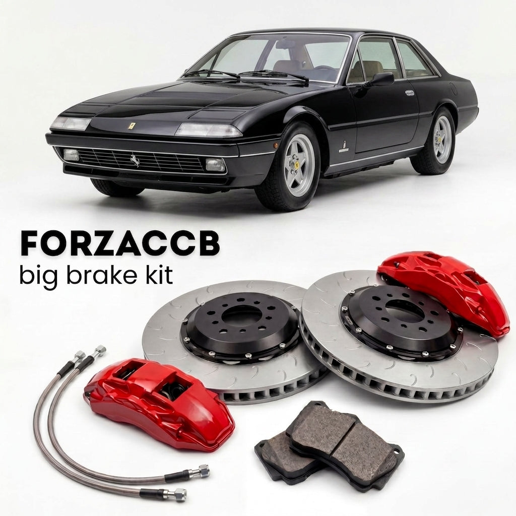 Black Ferrari 400i (1979-1985) shown above a ForzaCCB iron rotor big brake kit with 2x red 6-piston front calipers, 2x two-piece floating ventilated brake discs 380 mm, set of brake pads, and brake lines.