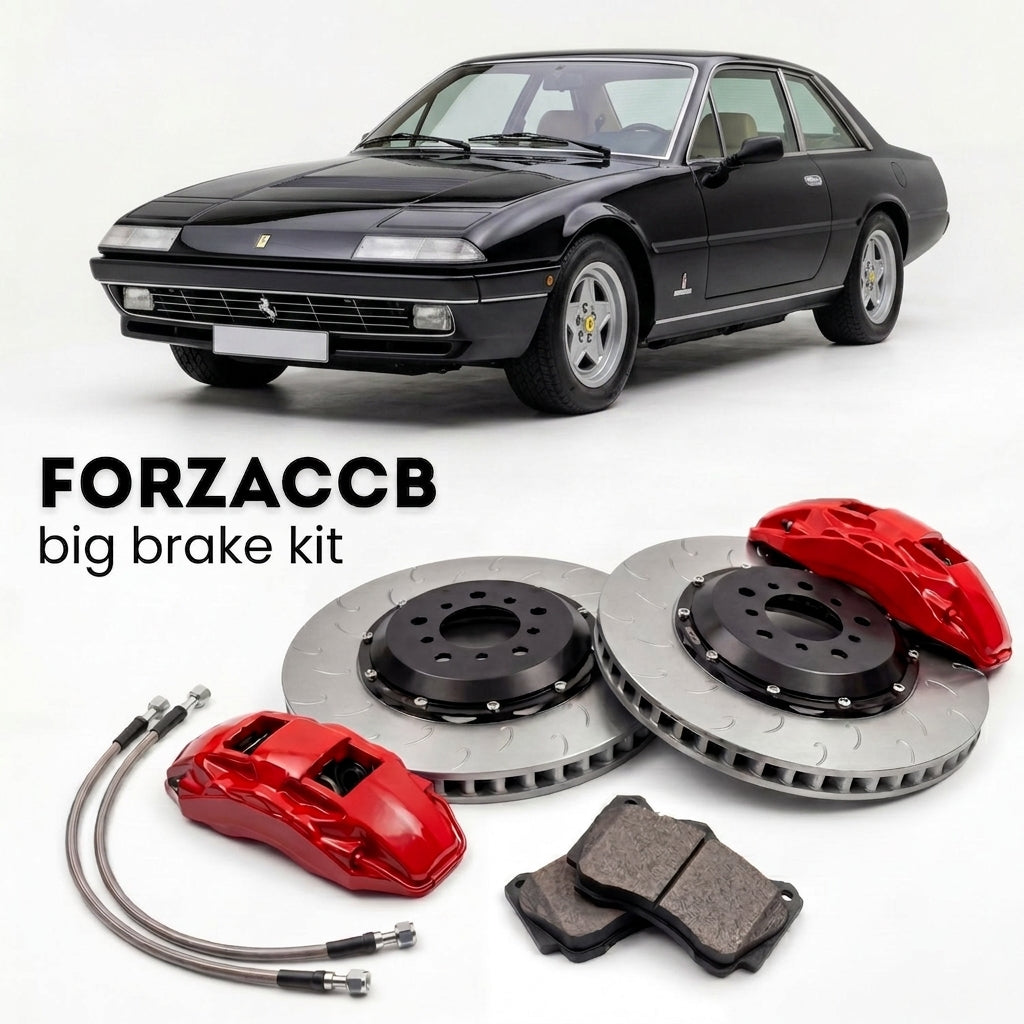 Black Ferrari 412 (1985-1989) shown above a ForzaCCB iron rotor big brake kit with 2x red 6-piston front calipers, 2x two-piece floating ventilated brake discs 380 mm, set of brake pads, and brake lines.