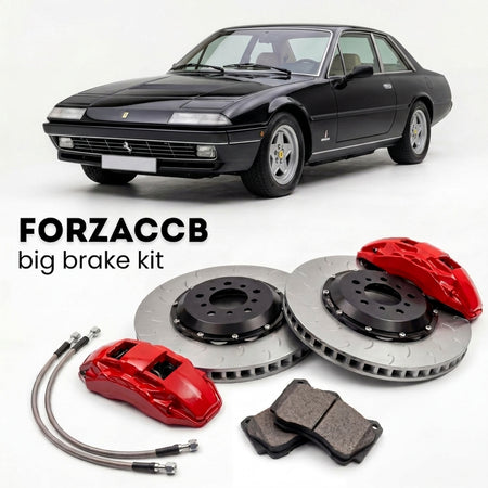 Black Ferrari 412 (1985-1989) shown above a ForzaCCB iron rotor big brake kit with 2x red 6-piston front calipers, 2x two-piece floating ventilated brake discs 380 mm, set of brake pads, and brake lines.
