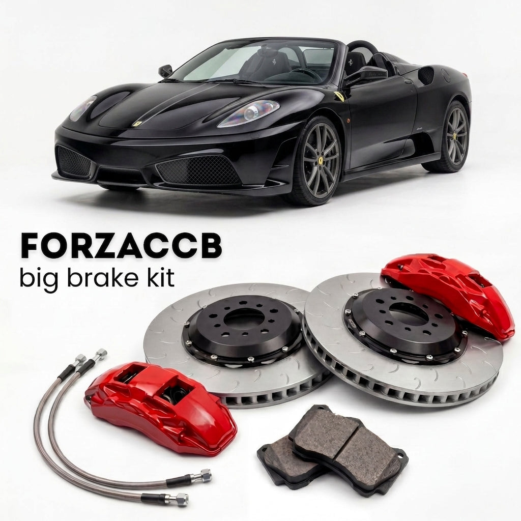 Black Ferrari 430 Scuderia Spider 16M (2008-2009) shown above a ForzaCCB iron rotor big brake kit with 2x red 6-piston front calipers, 2x two-piece floating ventilated brake discs 380 mm, set of brake pads, and brake lines.