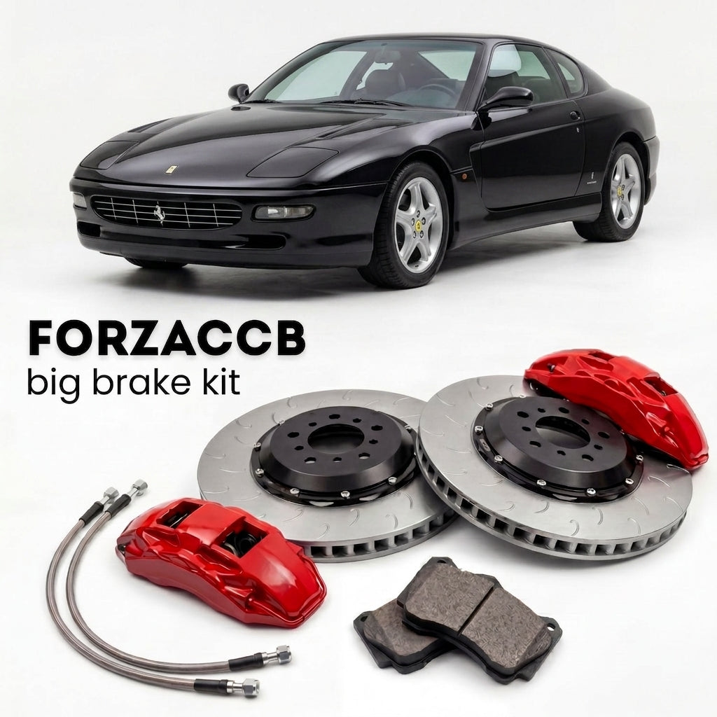 Black Ferrari 456 (1992-1997) shown above a ForzaCCB iron rotor big brake kit with 2x red 6-piston front calipers, 2x two-piece floating ventilated brake discs 380 mm, set of brake pads, and brake lines.