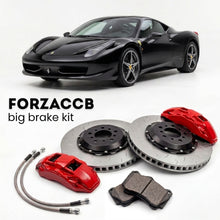 Black Ferrari 458 Italia (2009-2015) shown above a ForzaCCB iron rotor big brake kit with 2x red 6-piston front calipers, 2x two-piece floating ventilated brake discs 380 mm, set of brake pads, and brake lines.