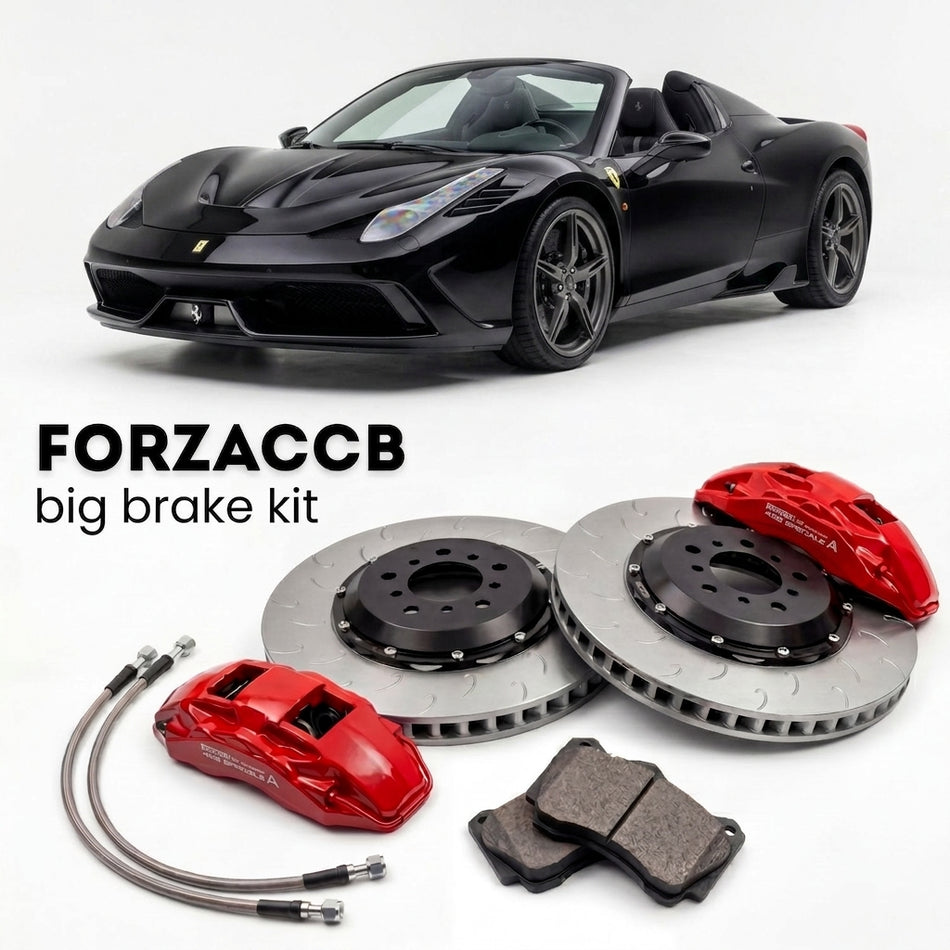 Black Ferrari 458 Speciale A (2014-2015) shown above a ForzaCCB iron rotor big brake kit with 2x red 6-piston front calipers, 2x two-piece floating ventilated brake discs 380 mm, set of brake pads, and brake lines.