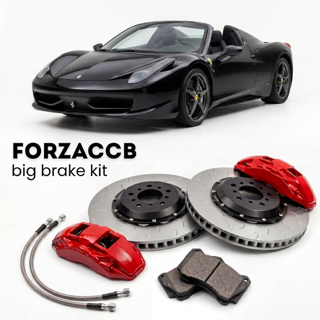 Black Ferrari 458 Spider (2011-2015) shown above a ForzaCCB iron rotor big brake kit with 2x red 6-piston front calipers, 2x two-piece floating ventilated brake discs 380 mm, set of brake pads, and brake lines.