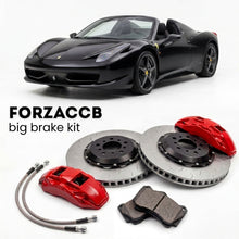 Black Ferrari 458 Spider (2011-2015) shown above a ForzaCCB iron rotor big brake kit with 2x red 6-piston front calipers, 2x two-piece floating ventilated brake discs 380 mm, set of brake pads, and brake lines.