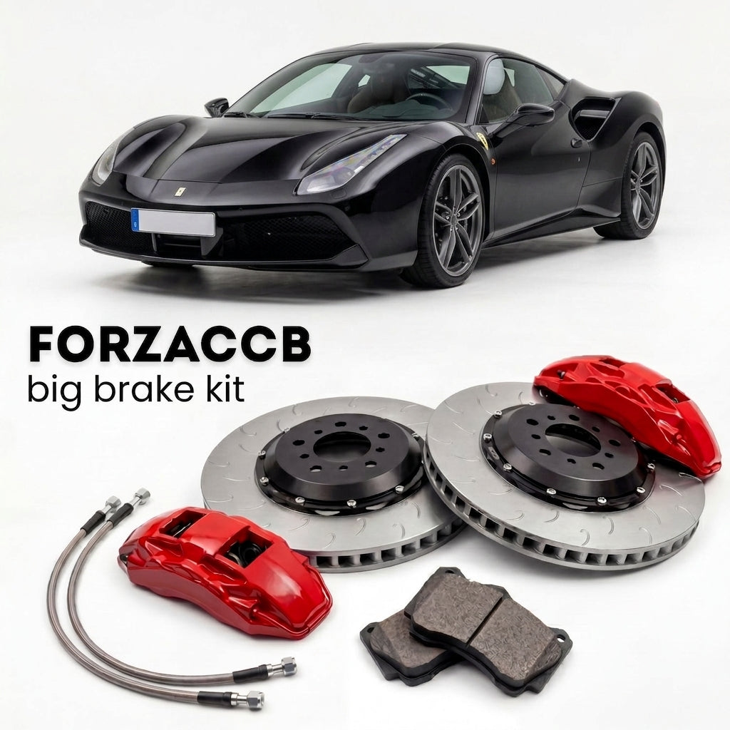 Black Ferrari 488 GTB (2015-2019) shown above a ForzaCCB iron rotor big brake kit with 2x red 6-piston front calipers, 2x two-piece floating ventilated brake discs 380 mm, set of brake pads, and brake lines.