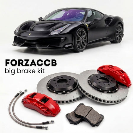Black Ferrari 488 Pista (2018-2020) shown above a ForzaCCB iron rotor big brake kit with 2x red 6-piston front calipers, 2x two-piece floating ventilated brake discs 380 mm, set of brake pads, and brake lines.