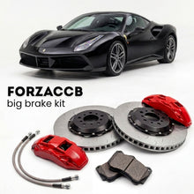 Black Ferrari 488 Spider (2015-2019) shown above a ForzaCCB iron rotor big brake kit with 2x red 6-piston front calipers, 2x two-piece floating ventilated brake discs 380 mm, set of brake pads, and brake lines.