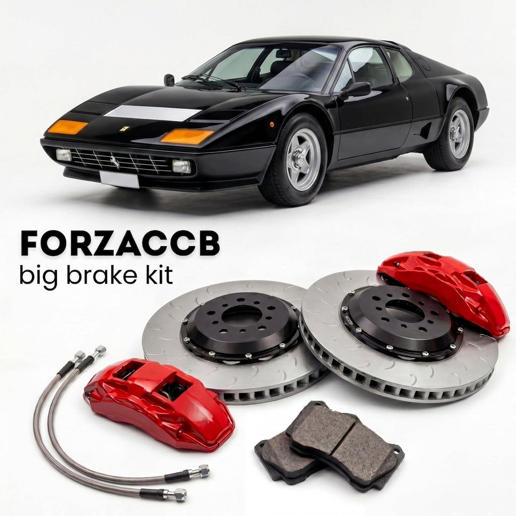 Black Ferrari 512 BB (1976-1981) shown above a ForzaCCB iron rotor big brake kit with 2x red 6-piston front calipers, 2x two-piece floating ventilated brake discs 380 mm, set of brake pads, and brake lines.
