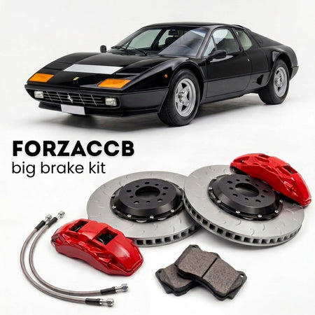 Black Ferrari 512 BB (1976-1981) shown above a ForzaCCB iron rotor big brake kit with 2x red 6-piston front calipers, 2x two-piece floating ventilated brake discs 380 mm, set of brake pads, and brake lines.
