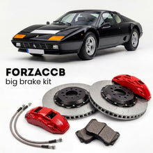 Black Ferrari 512 BBi (1981-1984) shown above a ForzaCCB iron rotor big brake kit with 2x red 6-piston front calipers, 2x two-piece floating ventilated brake discs 380 mm, set of brake pads, and brake lines.