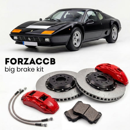 Black Ferrari 512 BBi (1981-1984) shown above a ForzaCCB iron rotor big brake kit with 2x red 6-piston front calipers, 2x two-piece floating ventilated brake discs 380 mm, set of brake pads, and brake lines.