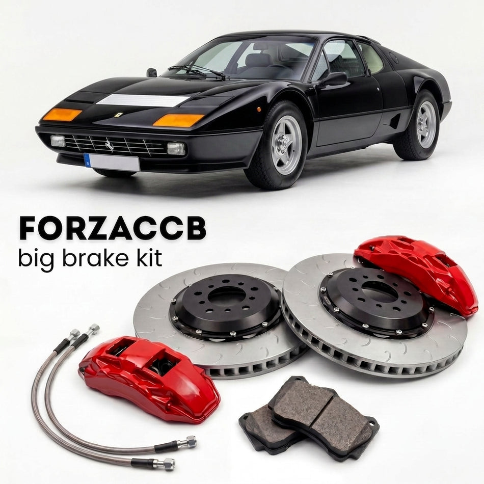 Black Ferrari 512 BBi (1981-1984) shown above a ForzaCCB iron rotor big brake kit with 2x red 6-piston front calipers, 2x two-piece floating ventilated brake discs 380 mm, set of brake pads, and brake lines.