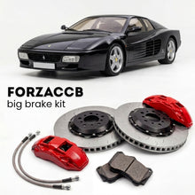 Black Ferrari 512 TR (1992-1994) shown above a ForzaCCB iron rotor big brake kit with 2x red 6-piston front calipers, 2x two-piece floating ventilated brake discs 380 mm, set of brake pads, and brake lines.