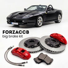 Black Ferrari 550 Barchetta Pininfarina (2001) shown above a ForzaCCB iron rotor big brake kit with 2x red 6-piston front calipers, 2x two-piece floating ventilated brake discs 380 mm, set of brake pads, and brake lines.