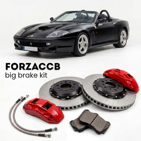 Black Ferrari 550 Barchetta Pininfarina (2001) shown above a ForzaCCB iron rotor big brake kit with 2x red 6-piston front calipers, 2x two-piece floating ventilated brake discs 380 mm, set of brake pads, and brake lines.