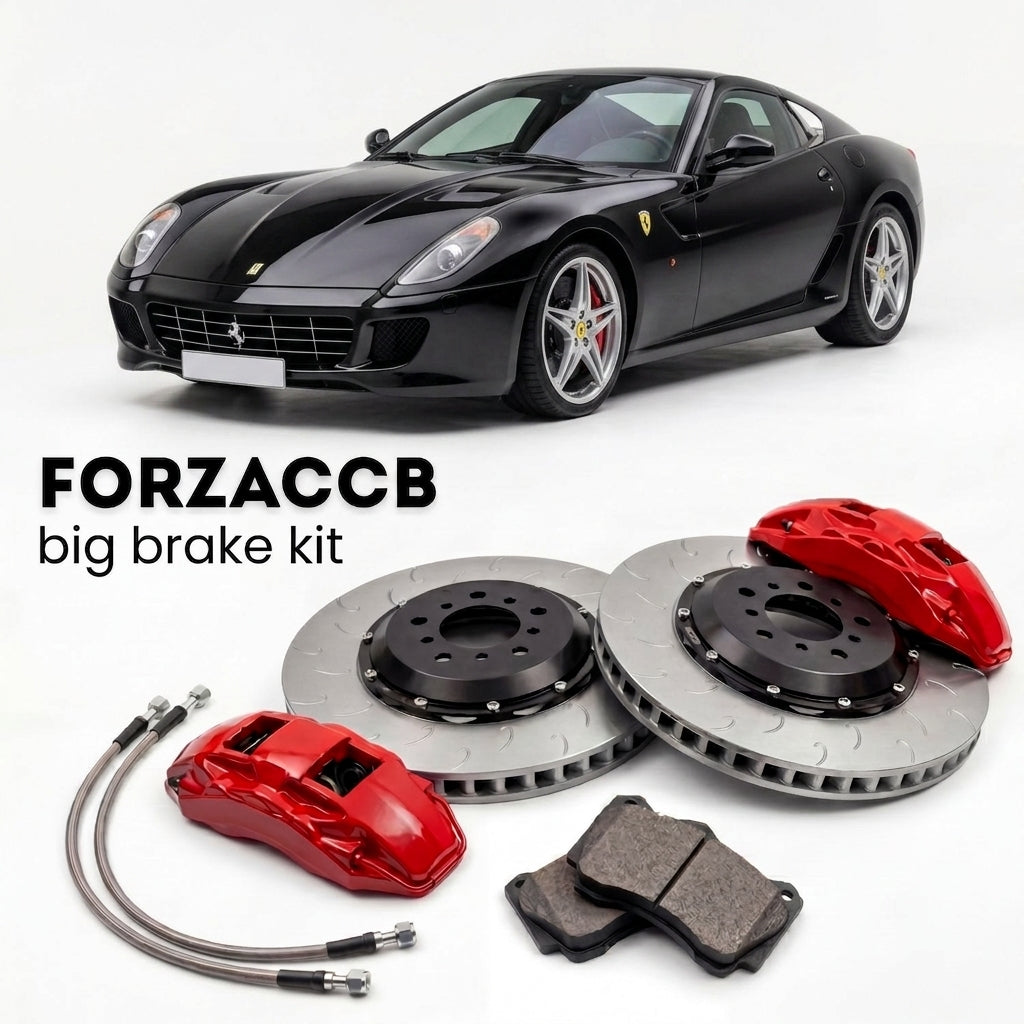 Black Ferrari 599 GTB Fiorano (2006-2012) shown above a ForzaCCB iron rotor big brake kit with 2x red 6-piston front calipers, 2x two-piece floating ventilated brake discs 380 mm, set of brake pads, and brake lines.