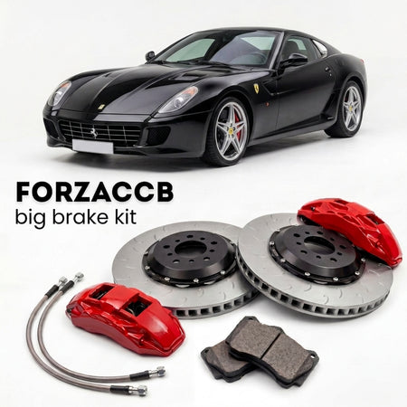 Black Ferrari 599 GTB Fiorano (2006-2012) shown above a ForzaCCB iron rotor big brake kit with 2x red 6-piston front calipers, 2x two-piece floating ventilated brake discs 380 mm, set of brake pads, and brake lines.