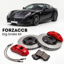 Black Ferrari 599 GTO (2010-2011) shown above a ForzaCCB iron rotor big brake kit with 2x red 6-piston front calipers, 2x two-piece floating ventilated brake discs 380 mm, set of brake pads, and brake lines.