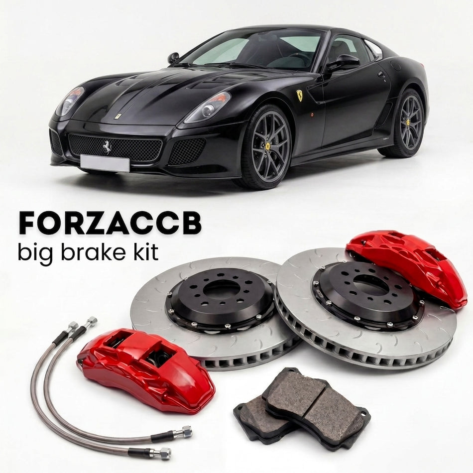 Black Ferrari 599 GTO (2010-2011) shown above a ForzaCCB iron rotor big brake kit with 2x red 6-piston front calipers, 2x two-piece floating ventilated brake discs 380 mm, set of brake pads, and brake lines.
