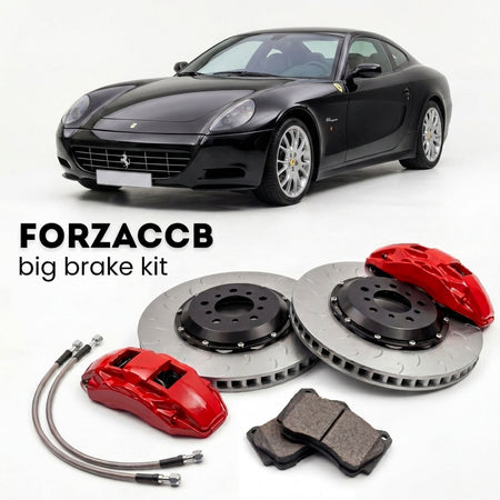 Black Ferrari 612 Scaglietti (2004-2011) shown above a ForzaCCB iron rotor big brake kit with 2x red 6-piston front calipers, 2x two-piece floating ventilated brake discs 380 mm, set of brake pads, and brake lines.