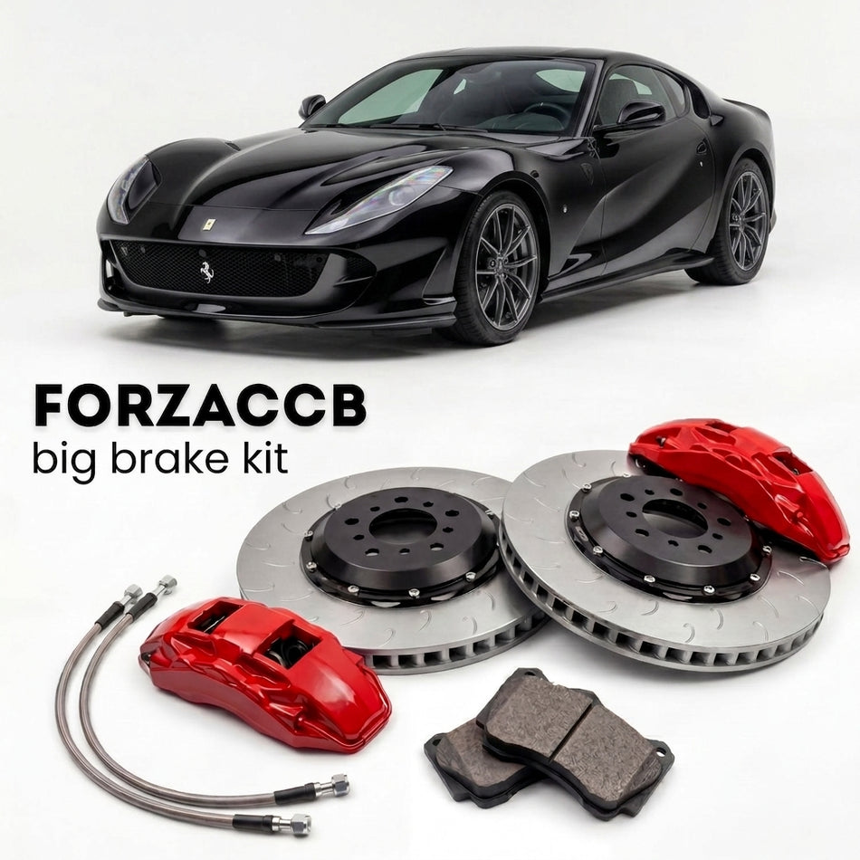 Black Ferrari 812 Competizione (2021-2024) shown above a ForzaCCB iron rotor big brake kit with 2x red 6-piston front calipers, 2x two-piece floating ventilated brake discs 380 mm, set of brake pads, and brake lines.