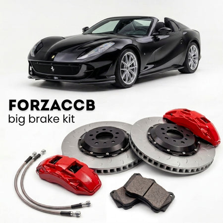 Black Ferrari 812 Competizione A (2021-2024) shown above a ForzaCCB iron rotor big brake kit with 2x red 6-piston front calipers, 2x two-piece floating ventilated brake discs 380 mm, set of brake pads, and brake lines.