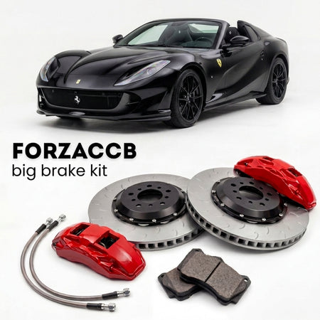 Black Ferrari 812 GTS (2019-2024) shown above a ForzaCCB iron rotor big brake kit with 2x red 6-piston front calipers, 2x two-piece floating ventilated brake discs 380 mm, set of brake pads, and brake lines.
