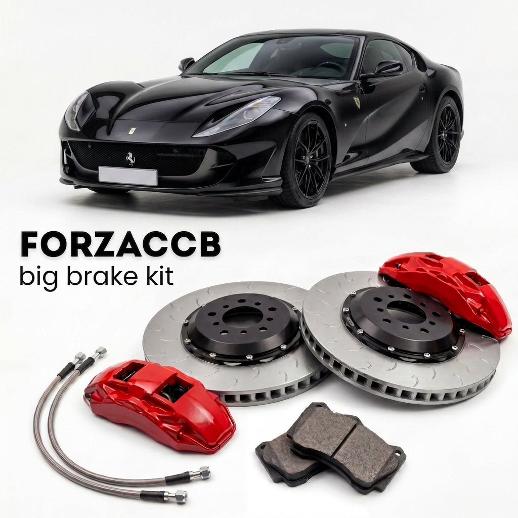 Black Ferrari 812 Superfast (2017-2024) shown above a ForzaCCB iron rotor big brake kit with 2x red 6-piston front calipers, 2x two-piece floating ventilated brake discs 380 mm, set of brake pads, and brake lines.
