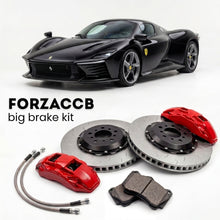 Black Ferrari Daytona SP3 (2021-2023) shown above a ForzaCCB iron rotor big brake kit with 2x red 6-piston front calipers, 2x two-piece floating ventilated brake discs 380 mm, set of brake pads, and brake lines.
