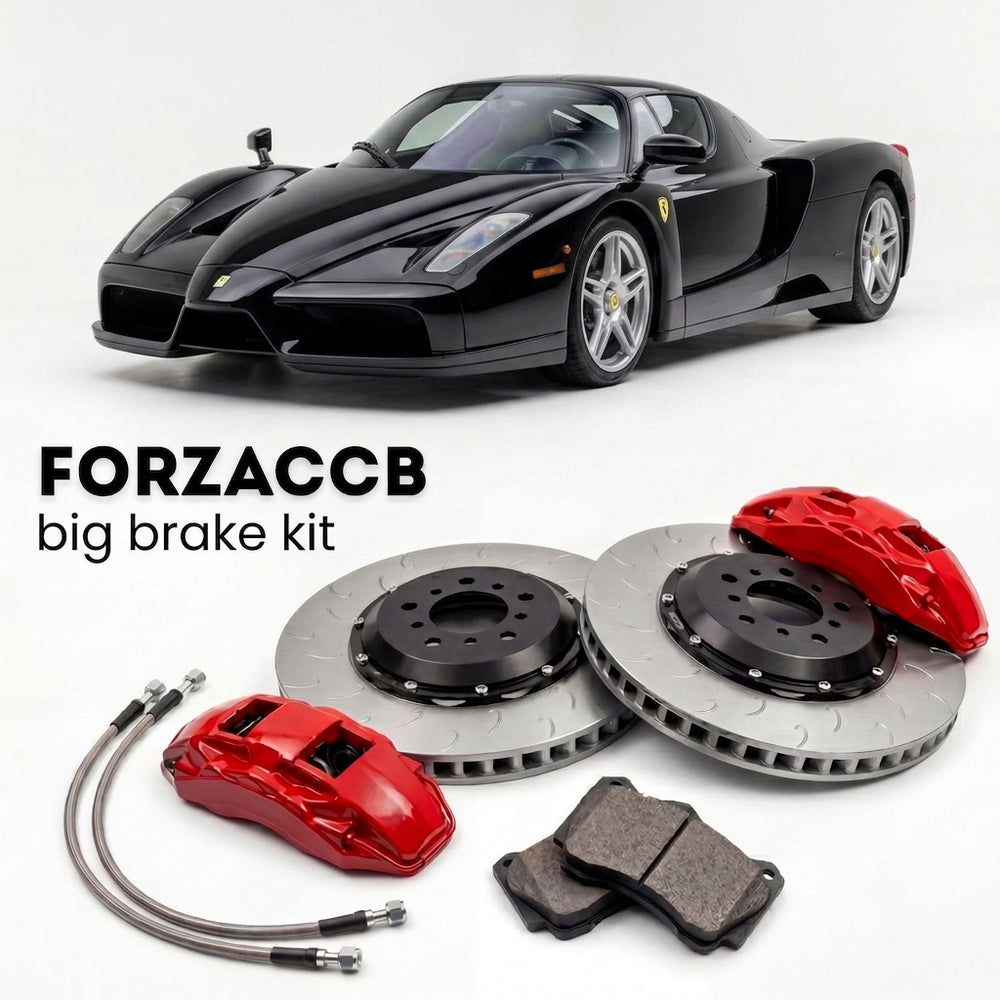Black Ferrari Enzo Ferrari (2002-2004) shown above a ForzaCCB iron rotor big brake kit with 2x red 6-piston front calipers, 2x two-piece floating ventilated brake discs 380 mm, set of brake pads, and brake lines.