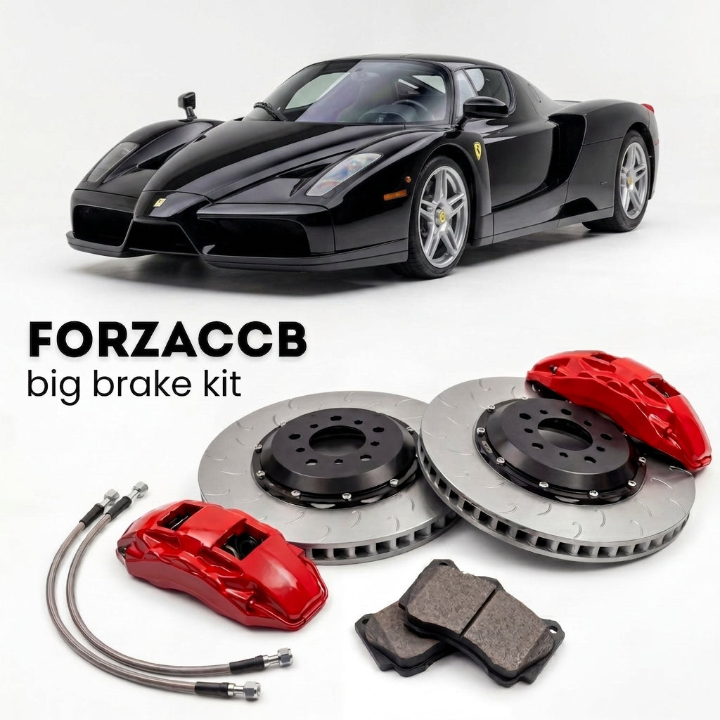 Black Ferrari Enzo Ferrari (2002-2004) shown above a ForzaCCB iron rotor big brake kit with 2x red 6-piston front calipers, 2x two-piece floating ventilated brake discs 380 mm, set of brake pads, and brake lines.