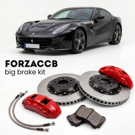 Black Ferrari F12berlinetta (2012-2017) shown above a ForzaCCB iron rotor big brake kit with 2x red 6-piston front calipers, 2x two-piece floating ventilated brake discs 380 mm, set of brake pads, and brake lines.