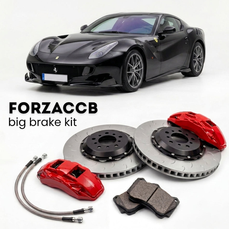 Black Ferrari F12tdf (2015-2017) shown above a ForzaCCB iron rotor big brake kit with 2x red 6-piston front calipers, 2x two-piece floating ventilated brake discs 380 mm, set of brake pads, and brake lines.