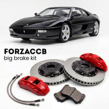 Black Ferrari F355 Berlinetta (1994-1999) shown above a ForzaCCB iron rotor big brake kit with 2x red 6-piston front calipers, 2x two-piece floating ventilated brake discs 380 mm, set of brake pads, and brake lines.