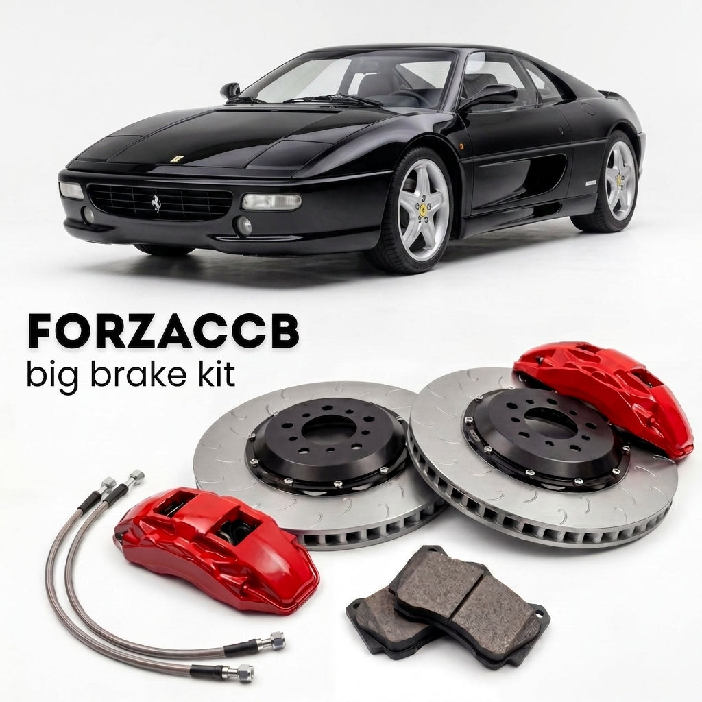 Black Ferrari F355 Berlinetta (1994-1999) shown above a ForzaCCB iron rotor big brake kit with 2x red 6-piston front calipers, 2x two-piece floating ventilated brake discs 380 mm, set of brake pads, and brake lines.