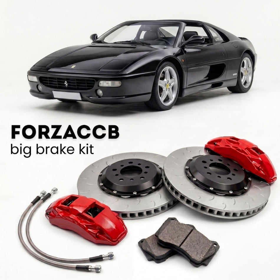 Black Ferrari F355 GTS (1995-1999) shown above a ForzaCCB iron rotor big brake kit with 2x red 6-piston front calipers, 2x two-piece floating ventilated brake discs 380 mm, set of brake pads, and brake lines.