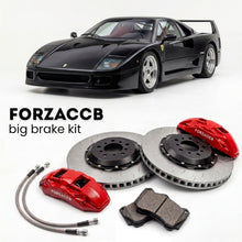Black Ferrari F40 (1987-1992) shown above a ForzaCCB iron rotor big brake kit with 2x red 6-piston front calipers, 2x two-piece floating ventilated brake discs 380 mm, set of brake pads, and brake lines.