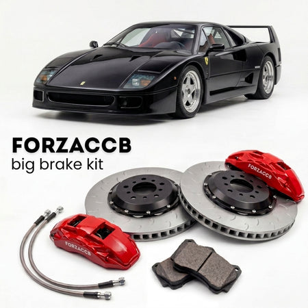 Black Ferrari F40 (1987-1992) shown above a ForzaCCB iron rotor big brake kit with 2x red 6-piston front calipers, 2x two-piece floating ventilated brake discs 380 mm, set of brake pads, and brake lines.