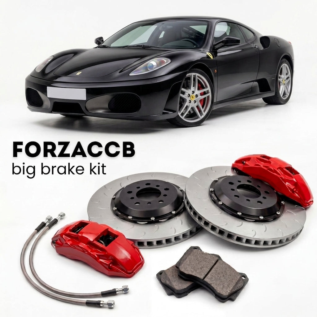 Black Ferrari F430 (2005-2009) shown above a ForzaCCB iron rotor big brake kit with 2x red 6-piston front calipers, 2x two-piece floating ventilated brake discs 380 mm, set of brake pads, and brake lines.