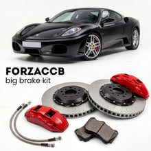 Black Ferrari F430 (2005-2009) shown above a ForzaCCB iron rotor big brake kit with 2x red 6-piston front calipers, 2x two-piece floating ventilated brake discs 380 mm, set of brake pads, and brake lines.