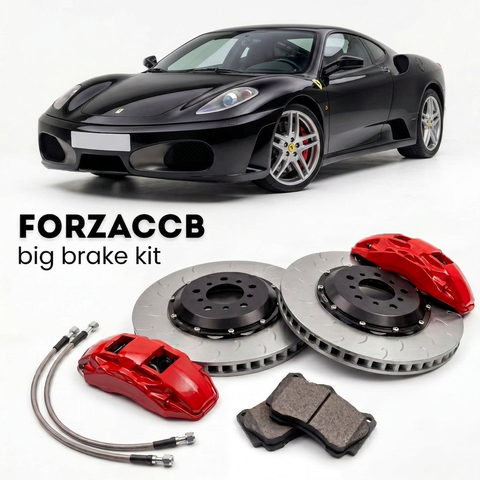 Black Ferrari F430 (2005-2009) shown above a ForzaCCB iron rotor big brake kit with 2x red 6-piston front calipers, 2x two-piece floating ventilated brake discs 380 mm, set of brake pads, and brake lines.